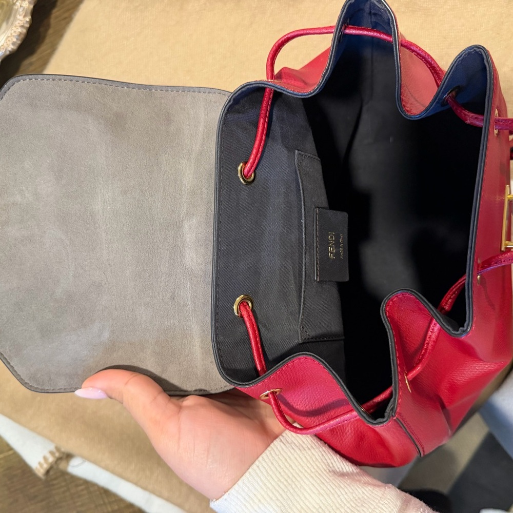 Fendi Red Leather Drawstring Backpack with Gold H… - image 3